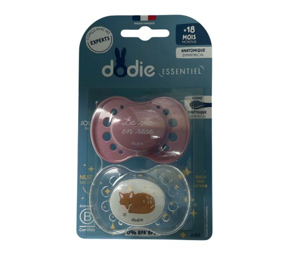 Sucettes Essentiel +18 mois jour/nuit rose Dodie - lot de 2 sucettes