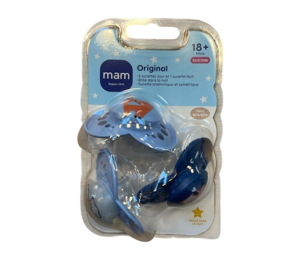 Sucette anatomique Original jour/nuit 18 mois+ bleu Mam - lot de 3 sucettes