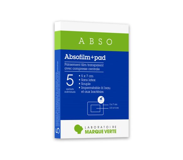 Absofilm+Pad Pansements film adhésif stériles Marque Verte - boîte de 5 pansements de 5x7cm - image 1