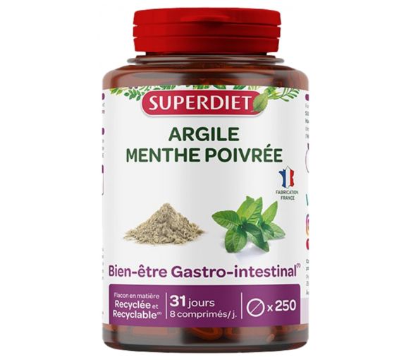 Argile menthe poivrée Super Diet - boîte de 250 comprimés
