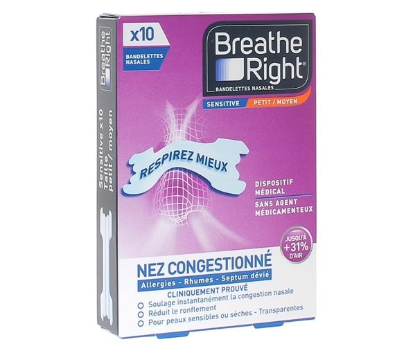 Bandelettes nasales sensitive Breathe Right - boite de 10 bandelettes transparentes