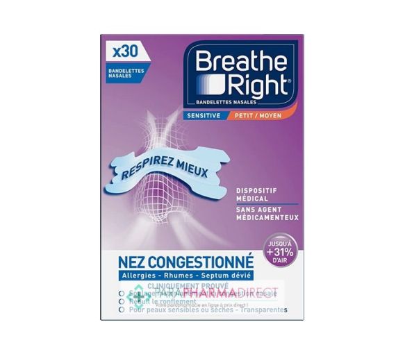 Bandelettes nasales sensitive Breathe Right - boite de 30 bandelettes transparentes