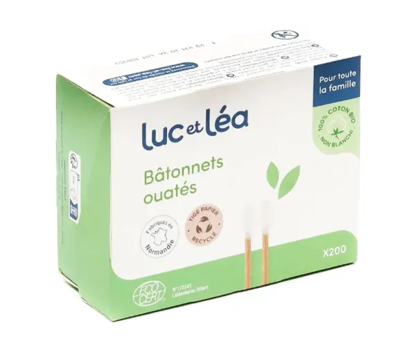Bâtonnets ouatés tige en papier recyclé Luc et Léa - boîte de 200 bâtonnets