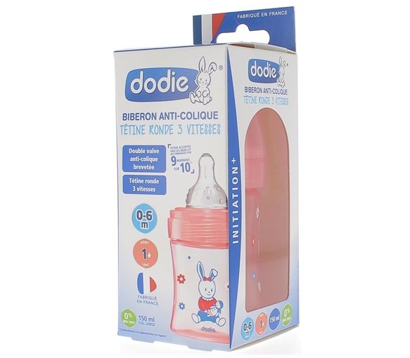 Biberon Initiation+ tétine ronde 3 vitesses rose poupée 0-6mois Dodie - Biberon de 150ml