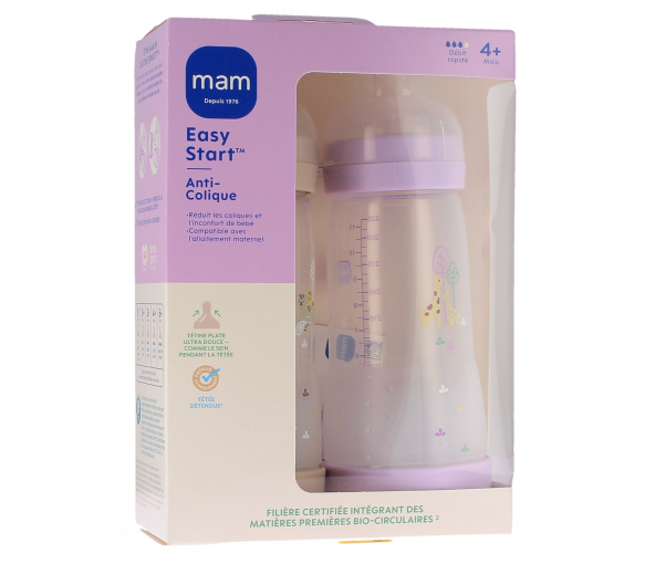 Biberon Easy start anti-colique 4+ mois Débit rapide sable et lilas Mam - 2 biberons de 320ml - image 1