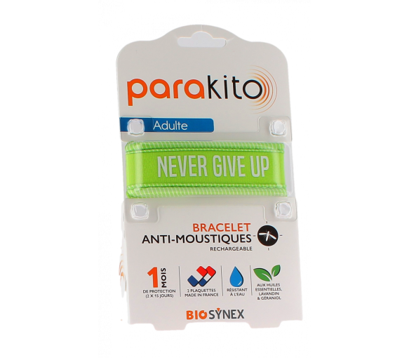 Bracelet anti-moustiques rechargeable Never give up Parakito - 1 bracelet + 2 recharges - image 1