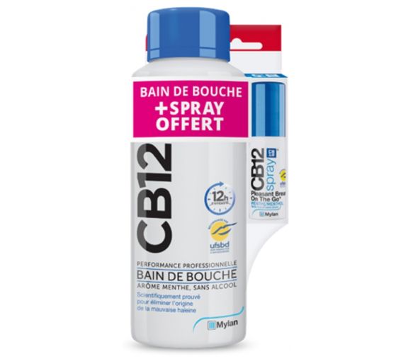 CB12 Bain de bouche goût menthe - flacon de 500 ml + spray buccal sans alcool menthe 15 ml offert