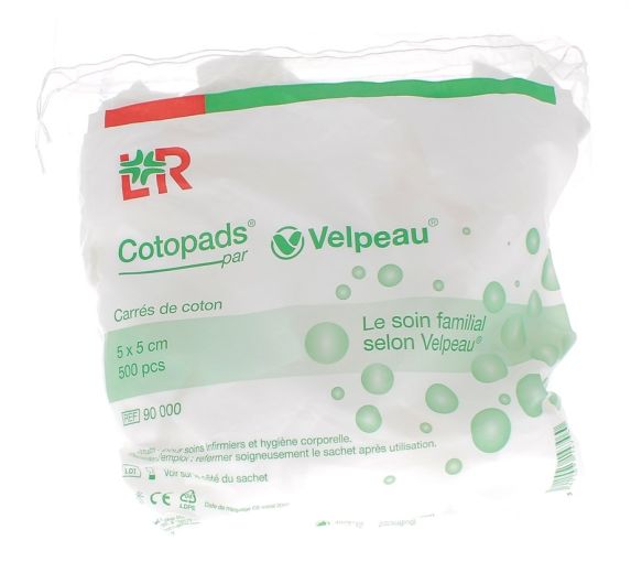 Carré de coton cotopads 5x5 cm Velpeau - sachet de 500 cotons