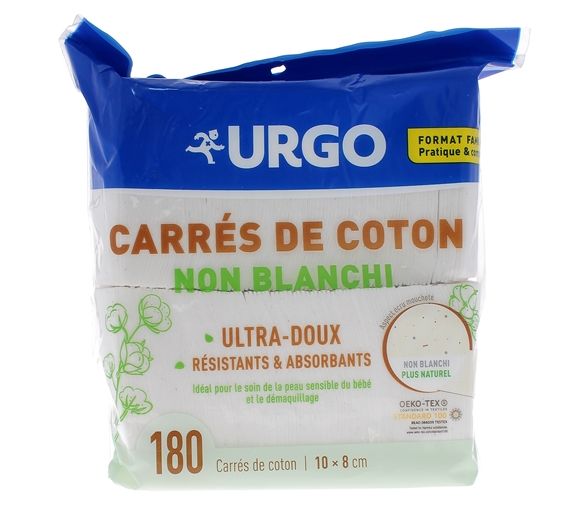 Carrés de coton non blanchi 10 x 8 cm Urgo - sachet de 180 carrés