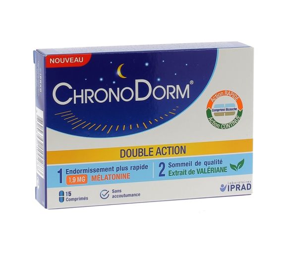 Chronodorm Double Action mélatonine 1,9 mg et plantes - boîte de 15 comprimés