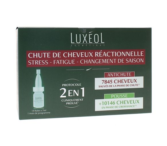 Chute de cheveux réactionnelle 2 en 1 Luxéol - boîte de 14 fioles