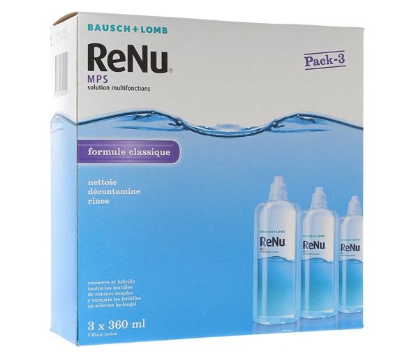 ReNu MPS Solution multifonctions formule classique Bausch Lomb - lot de 3 flacons de 360 ml + 3 étuis à lentilles