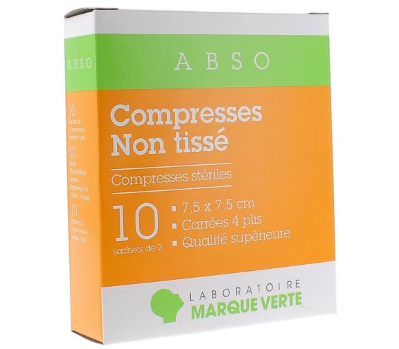 Compresses stériles non tissé Marque Verte - boîte de 10 sachets de 2 compresses de 7,5x7,5cm