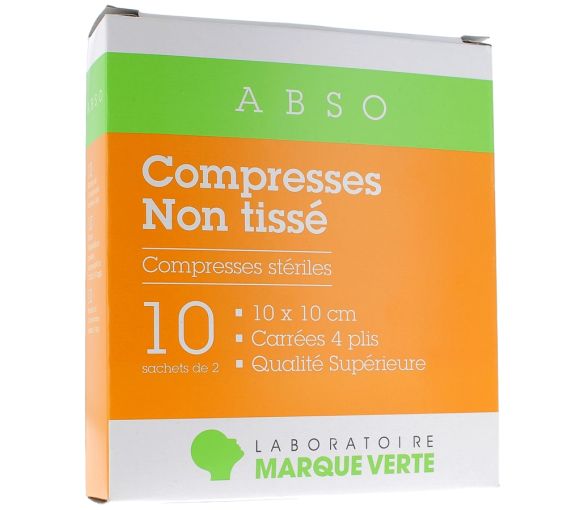 Compresses stériles non tissé Marque Verte - boîte de 10 sachets de 2 compresses de 10x10cm