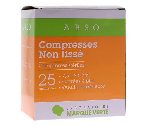 Compresses non tissé 7,5x7,5cm Marque Verte - boîte de 25 sachets de 2 compresses - image 1