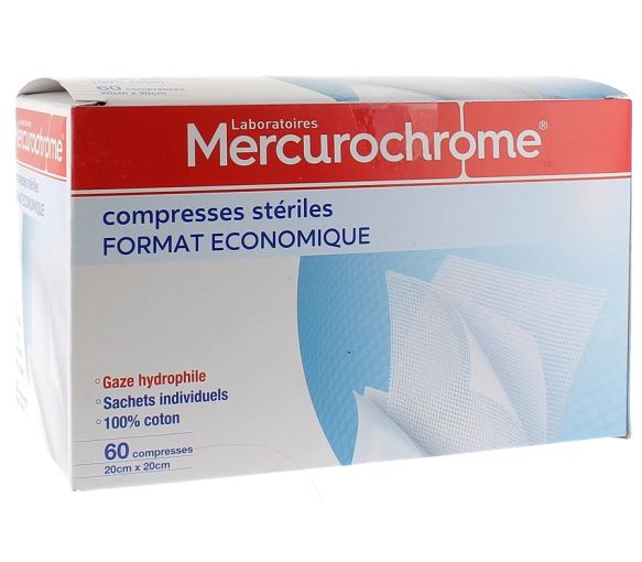 Compresses stériles coton format économique Mercurochrome - boite de 60 compresses