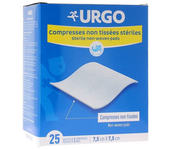 Compresses non tissées stériles Urgo - boîte de 25 sachets de 2 compresses 7,5 x 7,5 - image 1