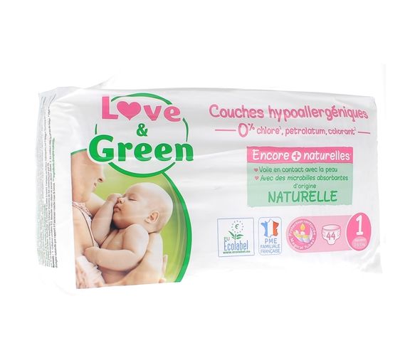 Couches hypoallergéniques taille 1 Love & Green - paquet de 44 couches
