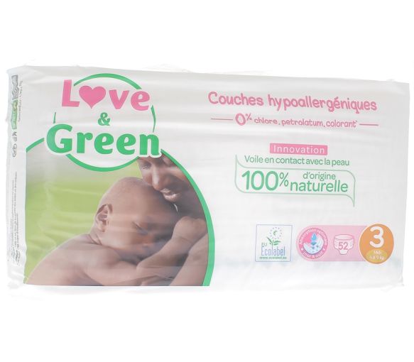 Couches hypoallergéniques taille 3 Love & Green - paquet de 52 couches