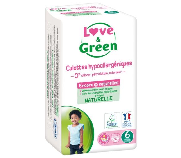 Culottes hypoallergéniques taille 6 (+ 16 kg) Love & Green - paquet de 16 culottes