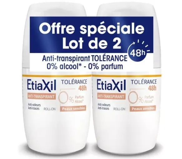 Déodorant anti-transpirant 48h peaux sensibles Etiaxil - lot de 2 roll-on de 50ml