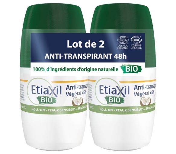 Déodorant anti-transpirant végétal bio parfum coco Etiaxil - lot de 2 roll-on de 50ml