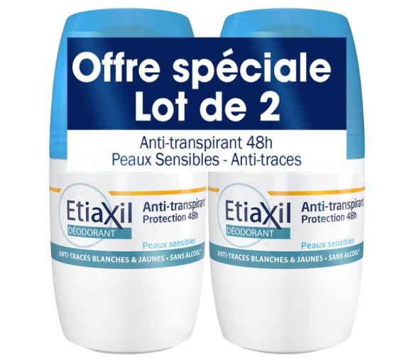 Déodorant anti-transpiration 48h peaux sensibles Etiaxil - lot de 2 roll-on de 50 ml