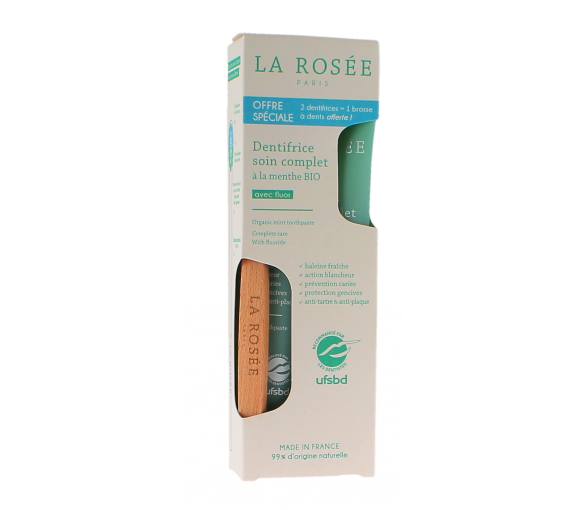 Dentifrice soin complet à la menthe bio La Rosée - lot de 2 tubes de 75ml + une brosse à dent - image 1