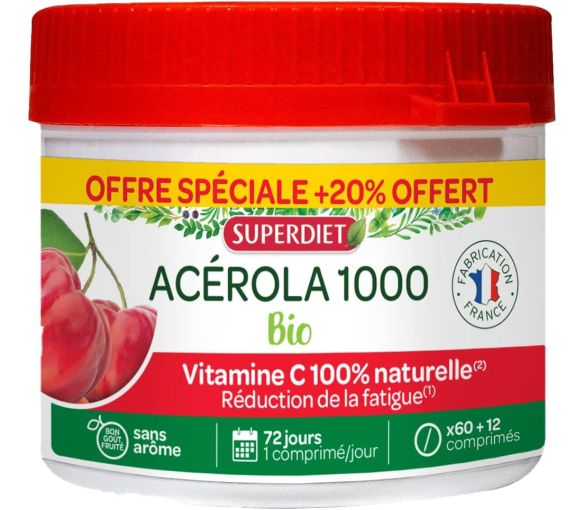 Acérola 1000 bio Super Diet - pot de 60 + 12 comprimés offerts - image 1