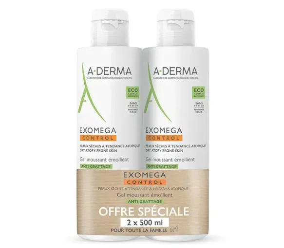 Exomega Control gel moussant émollient anti-grattage A-derma - lot de 2 flacons