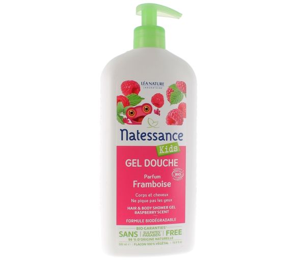Gel douche bio framboise Natessance Kids - flacon pompe de 500 ml