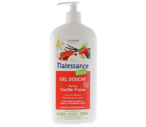 Gel douche vanille fraise Natessance Kids - flacon pompe de 500 ml