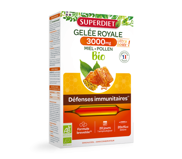 Gelée Royale 3000mg miel pollen bio Super Diet - boîte de 20 ampoules