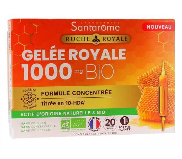 Gelée royale 1000mg bio Santarome - boîte de 20 ampoules de 10ml