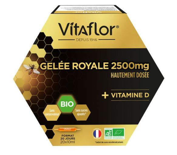 Gelée royale 2500 mg Vitamine D bio Vitaflor - boîte de 20 ampoules