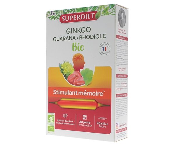 Ginkgo guarana rhodiole bio stimulant mémoire Super Diet - boîte de 20 ampoules
