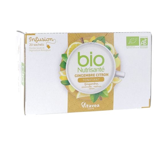 Infusion gingembre citron tonifiant bio Nutrisanté - boîte de 20 sachets
