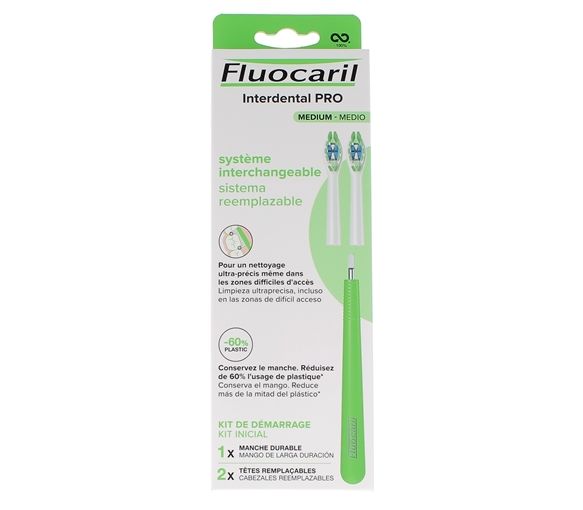 Interdental Pro Système interchangeable médium Kit de démarrage Fluocaril - boîte de 1 manche durable + 2 têtes remplaçables