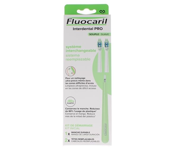 Interdental Pro Système interchangeable souple Kit de démarrage Fluocaril - boîte de 1 manche durable + 2 têtes remplaçables