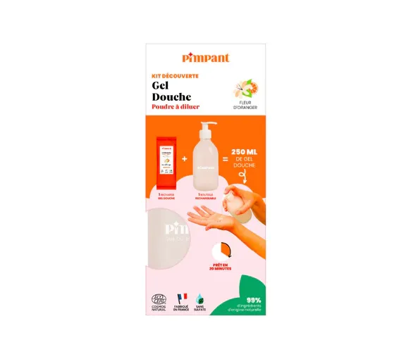 Kit découverte gel douche Pimpant - 1 bouteille en verre de 250ml + 1 recharge de 25g