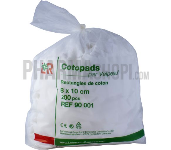 Rectangle de coton cotopads 8x10 cm Velpeau - sachet de 200 cotons