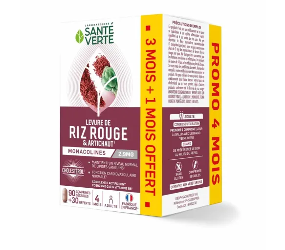 Levure de riz rouge Santé Verte - boite de 90 comprimés + 30 comprimés offerts