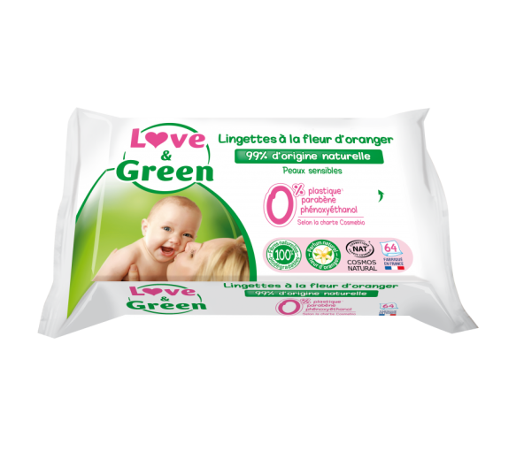 Lingettes à la fleur d'oranger Love & Green - paquet de 64 lingettes