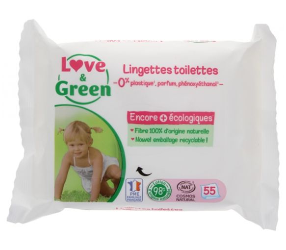 Lingettes toilettes sans parfum Love & Green - paquet de 55 lingettes