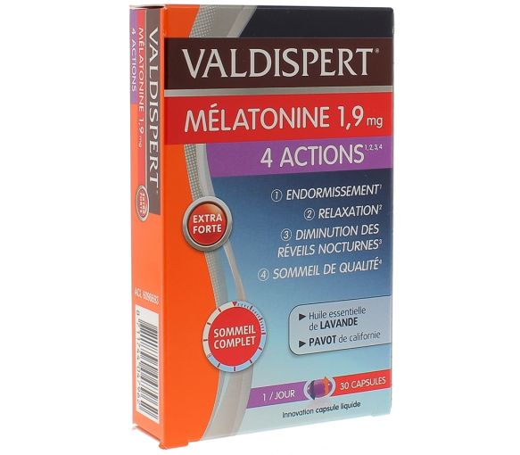 Mélatonine 1,9 mg 4 actions Valdispert - boite de 30 capsules