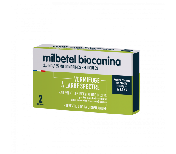 Milbetel 2,5mg/25mg vermifuge petits chiens et chiots +0,5kg Biocanina - boîte de 2 comprimés