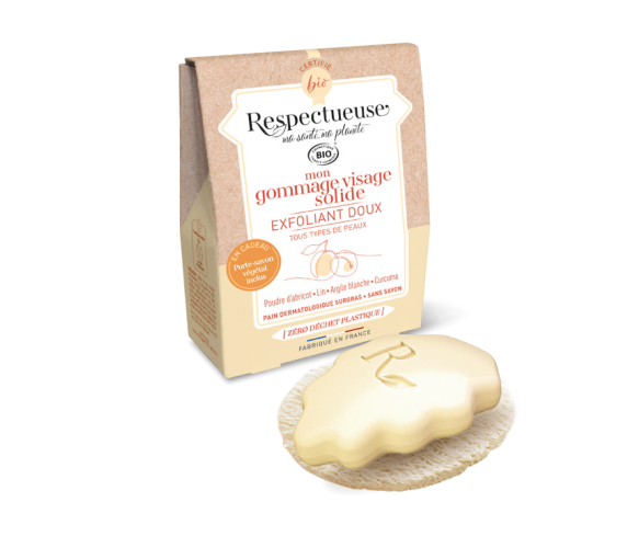 Mon gommage visage solide exfoliant doux bio Respectueuse - pain de 35g + porte-savon végétal offert