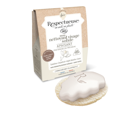 Mon nettoyant visage solide apaisant bio Respectueuse - pain de 35g + porte-savon végétal offert