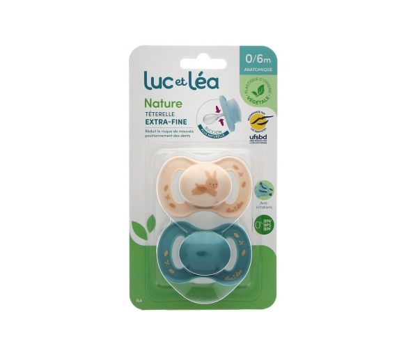 Nature sucettes anatomiques téterelle extra-fine 0-6 mois lapin & bleu Luc et Léa - lot de 2 sucettes - image 1