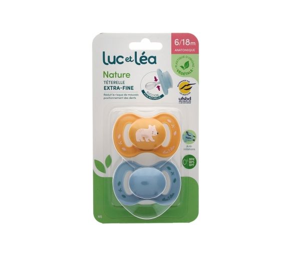 Nature sucettes anatomiques téterelle extra-fine 6-18 mois ours & bleu Luc et Léa - lot de 2 sucettes - image 1